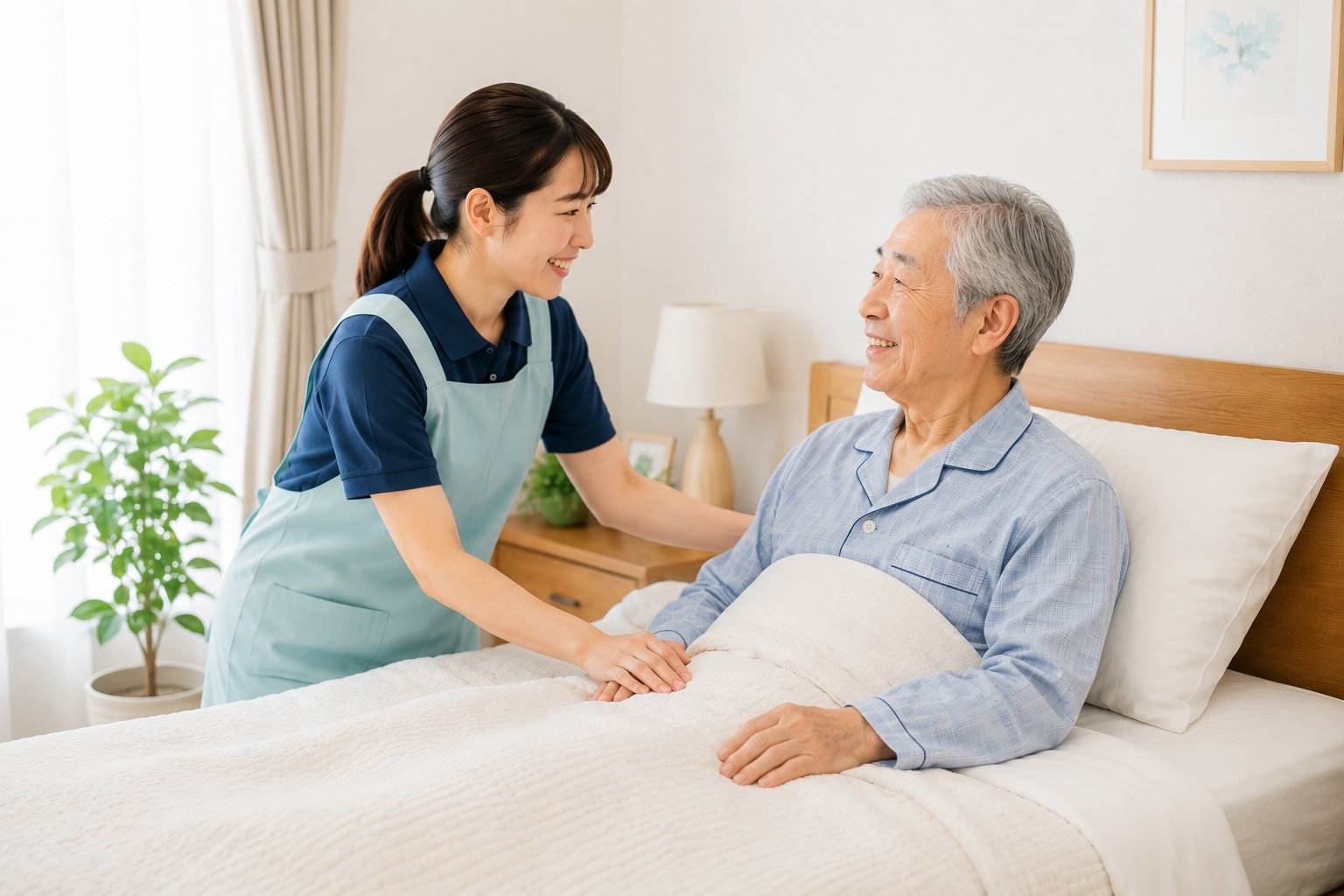 ご自宅でベッドの利用者に寄り添うヘルパー